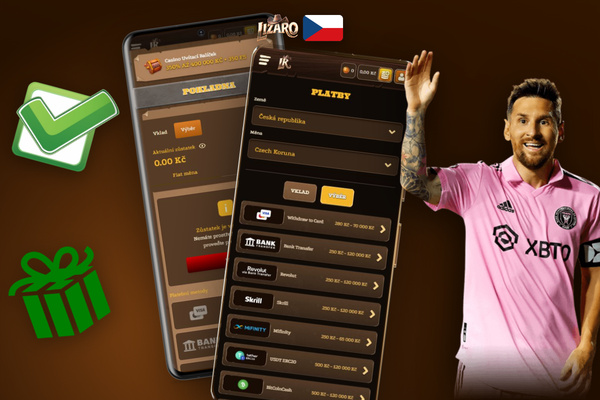 Hráč potvrzuje výběr výhry v Lizaro Casino přes mobilní aplikaci s tlačítkem Vybrat
