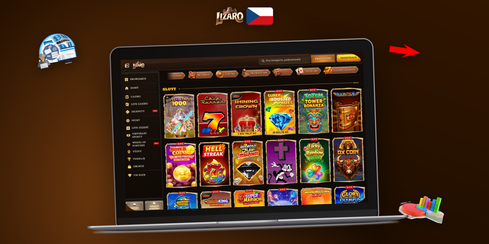 Lizaro Casino na počítači s herní lobby a bočním panelem kategorií na notebooku