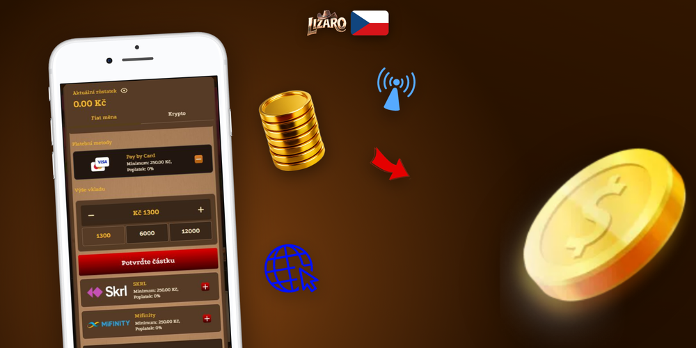 Rozhraní pokladny Lizaro Casino s dlaždicemi platebních metod a polem pro částku