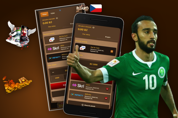 Ruka s platební kartou nad mobilem s pokladnou Lizaro Casino bez poplatků