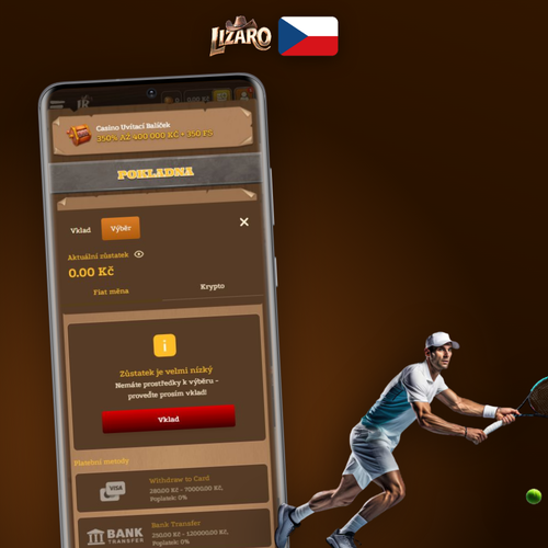 Lizaro Casino výběr peněz – stylizovaná peněženka s mincemi CZK bez skrytých poplatků